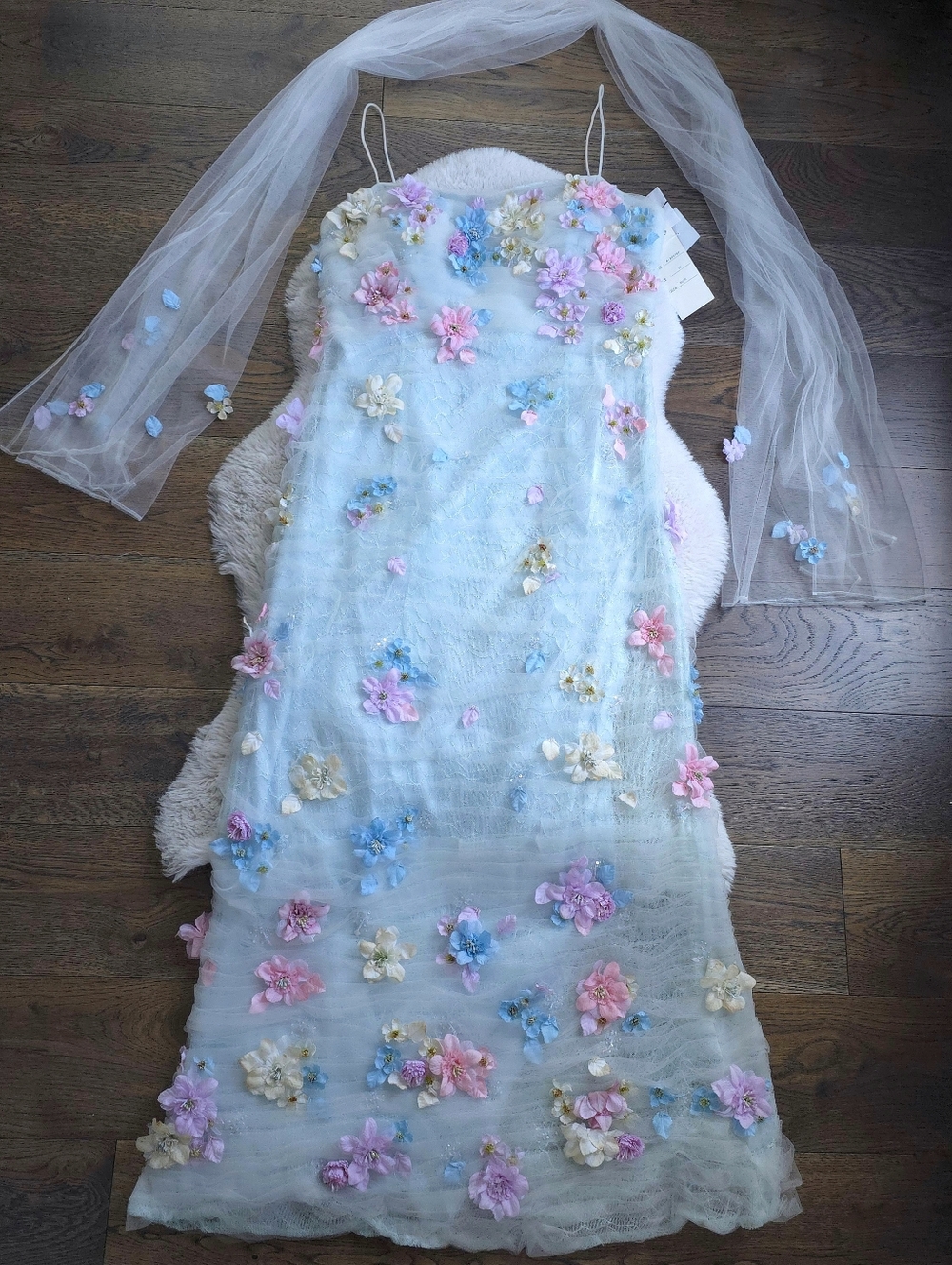 Y2K Couture Fairy Floral Beaded Rouched Tulle Maxi Dress Scarf Set